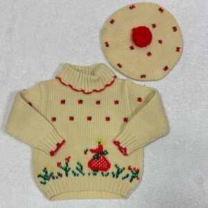 Vintage little angel Kids Cream Sweater Red Accents and matching hat girls 12m